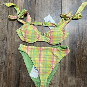 Woman’s Dippin Daisys 2 pc multi color plaid cheeky bikini. NWT SIZE MED